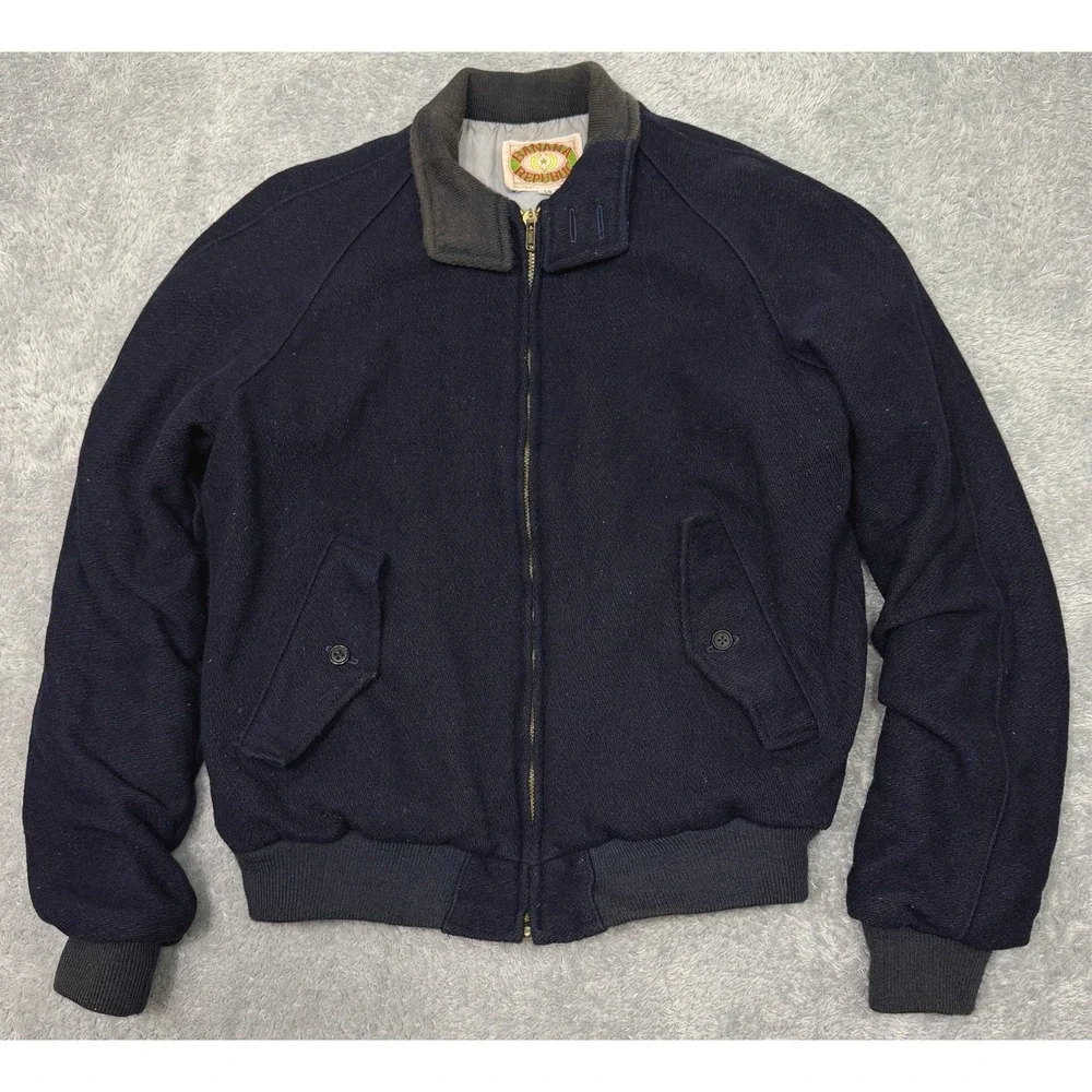 Vintage 80s Banana Republic Bomber Jacket Size 38 Navy Wool Safari Classic 1980s